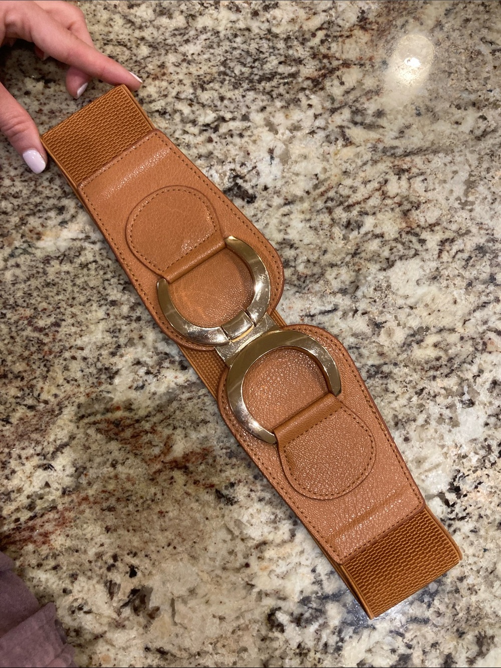 S Tan Women's Wide Elastic Belt with Gold Rings